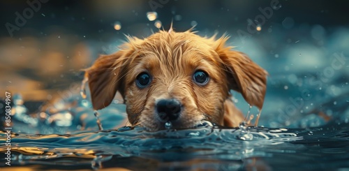 A Golden Puppy Swims in a Pool on a Sunny Day