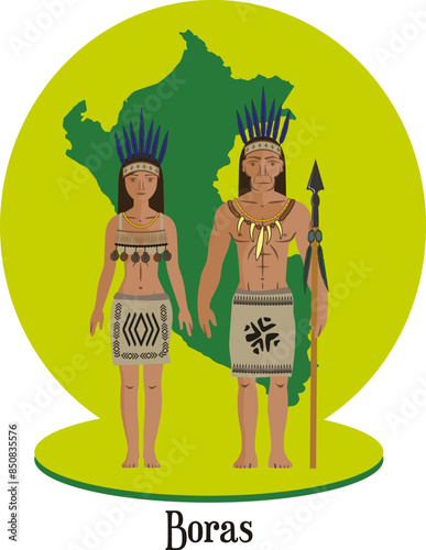 BorIllustration vector isolated of peruvian native people, Boras, indigenous races. photo