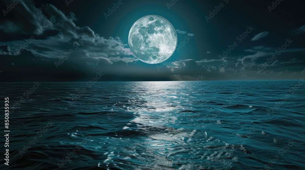 Full Moon Shining Over Calm Sea at Night