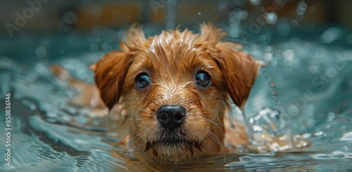 A Golden Puppy Swims in a Pool on a Sunny Day