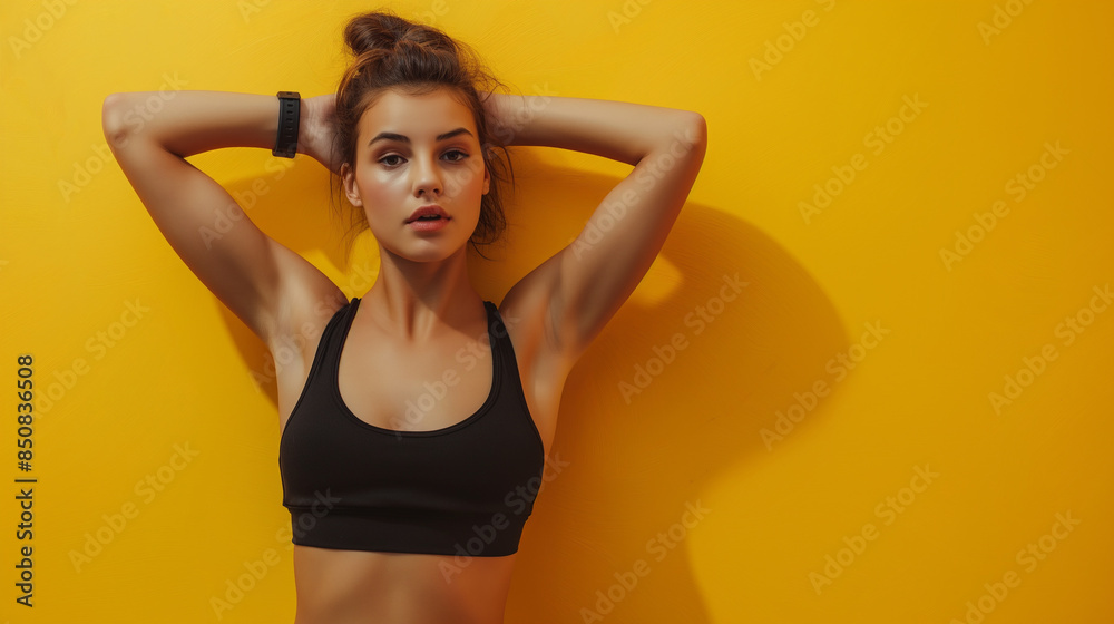 A fitness women pose on clean yellow background A fitness women pose on clean yellow background