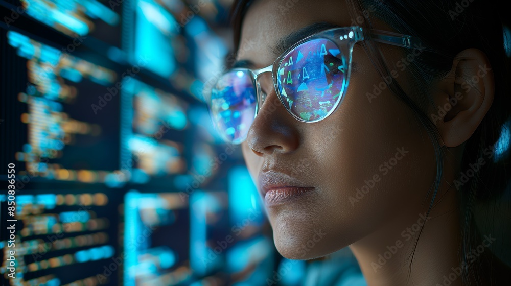 A woman with glasses gazes at a computer screen, focusing intently A woman with glasses gazes at a computer screen, focusing intently