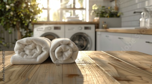 Rolled White Towel On Wooden Table In Laundry Room