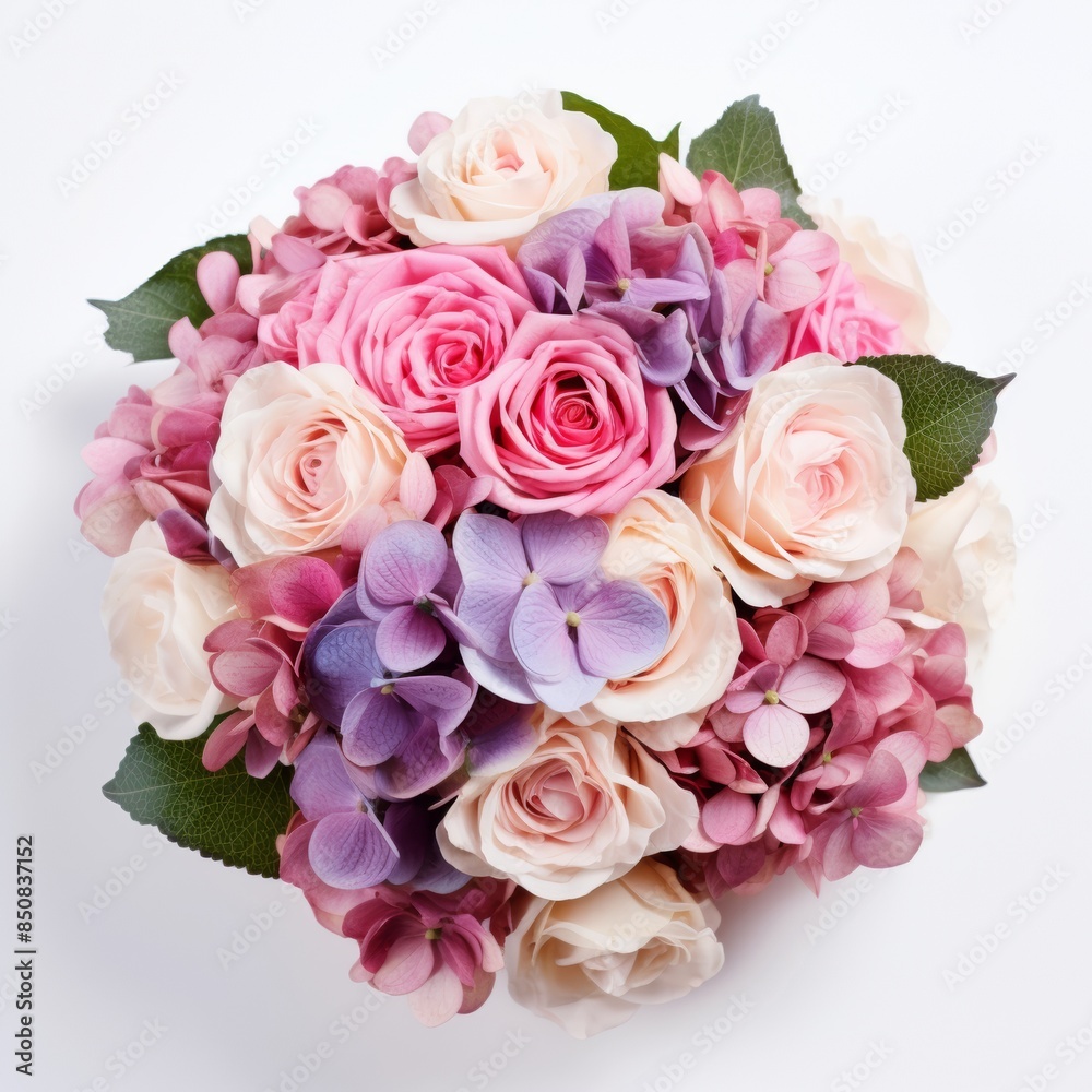 Obraz premium A beautiful floral bouquet with pink, purple, and cream roses, perfect for weddings, celebrations, and romantic occasions.