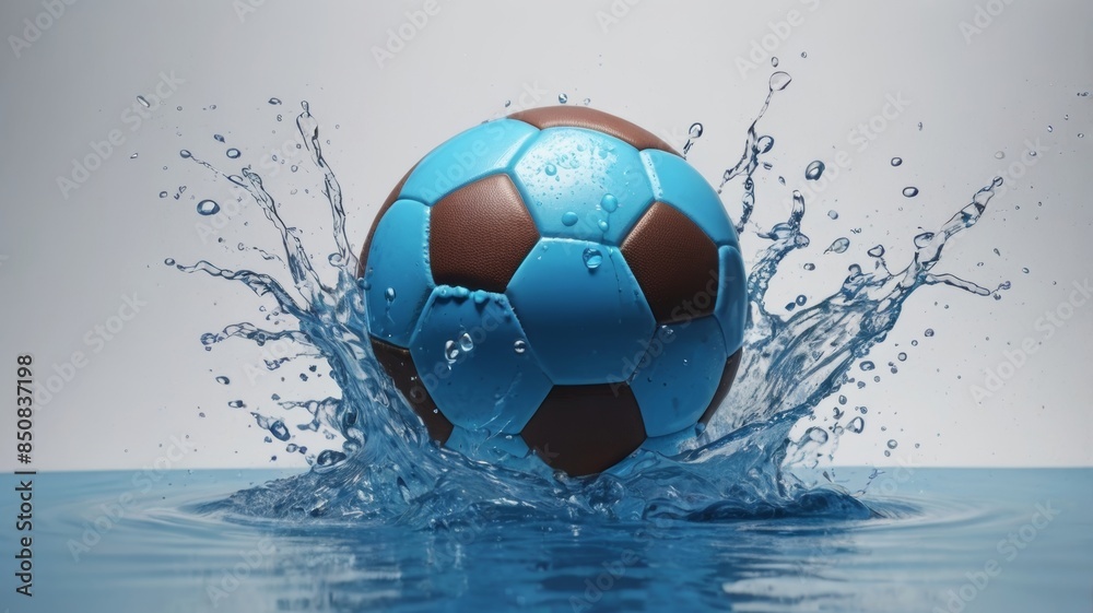 Naklejka premium A blue and brown soccer ball is in the water with splashes, showcasing the powerful interaction between the soccer ball and the water.