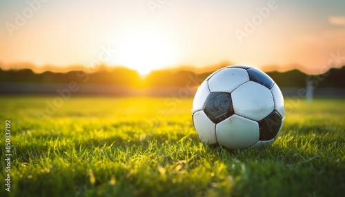 A close-up of a soccer ball on a lush green field at sunset, depicting the atmosphere of a sunset soccer game.