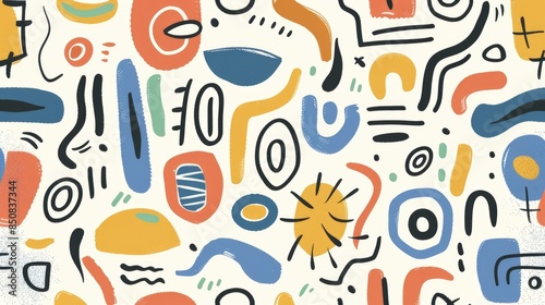 Lighthearted colorful line doodle seamless composition with basic shapes, perfect for youngsters or chic design. Artistic minimalist style backdrop
