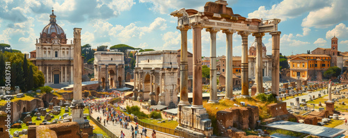 An ancient Roman forum with stone arches and bustling crowds. photo