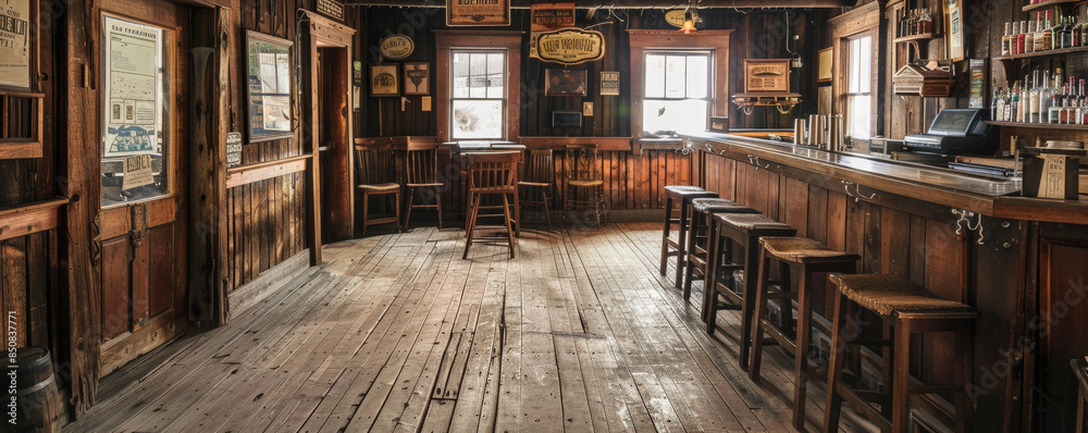 An old Western saloon with wooden bar and swinging doors.