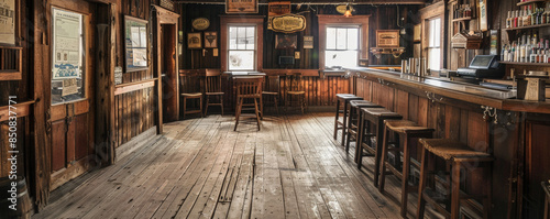 Obraz na płótnie An old Western saloon with wooden bar and swinging doors. w salonie