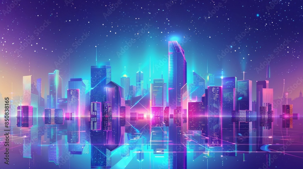Vector illustration urban architecture, cityscape with space and neon light 