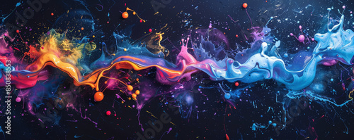 Colorful background with splashes of neon paint on a dark canvas.
