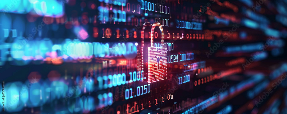 Cybersecurity concept with a digital lock and binary code in the background. Cybersecurity concept with a digital lock and binary code in the background.