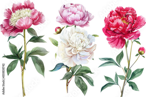 Set of peonies in watercolor style, isolated