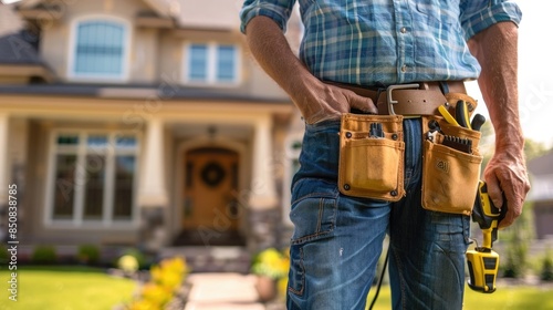 Home service technician with a tool belt in front of a house © sania