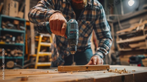 carpenter using power drill to assemble wooden furniture woodworking workshop editorial photography