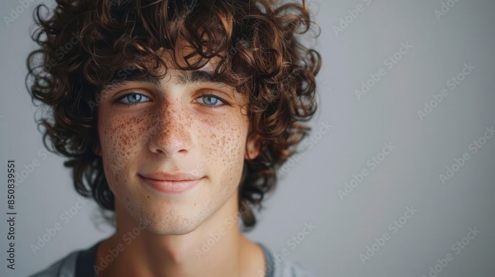 charming curlyhaired young man portrait looking at camera charming curlyhaired young man portrait looking at camera