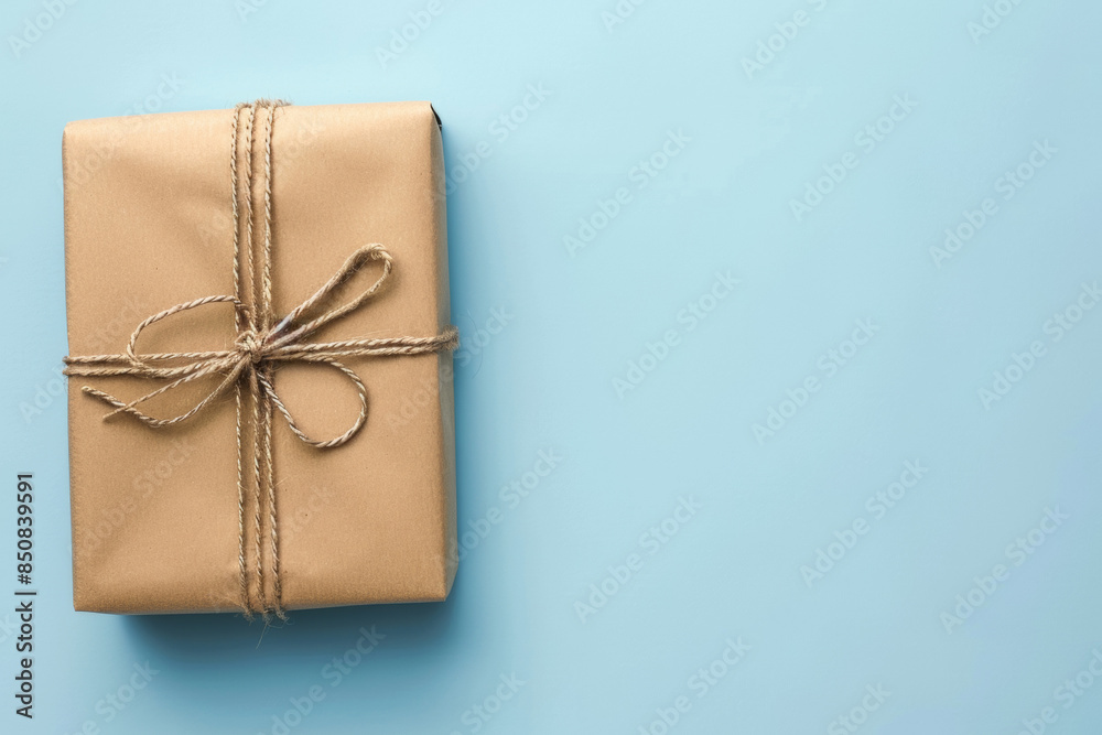 The brown gift package is against a light blue background The brown gift package is against a light blue background