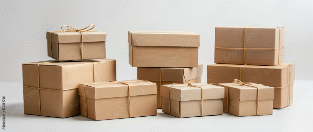 Several courier boxes, pure front view, neatly arranged, pure white background Several courier boxes, pure front view, neatly arranged, pure white background