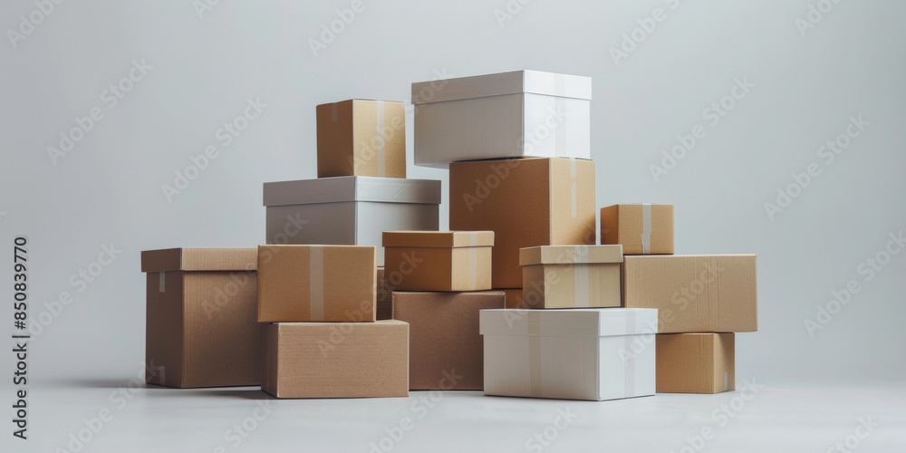 Several courier boxes, pure front view, neatly arranged, pure white background Several courier boxes, pure front view, neatly arranged, pure white background