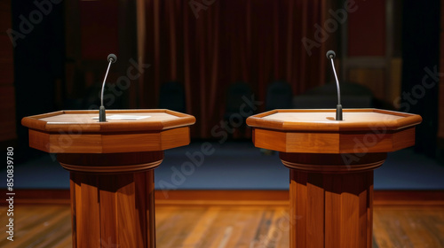 Political debate, two very close zoomed in wooden podiums, close up cinematic and bright, cinematic shot photo