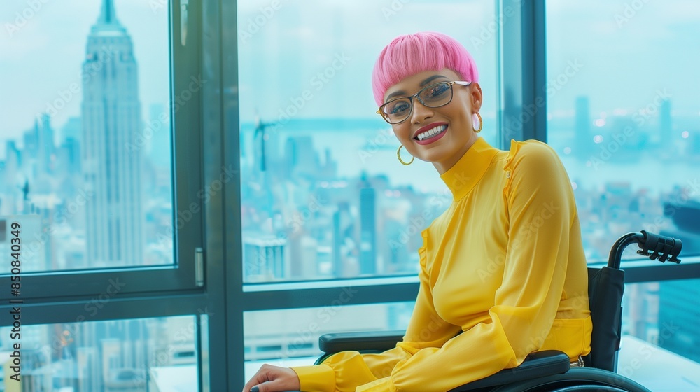 Woman with vibrant pink hair in wheelchair smiles brightly in her office by a city window. Woman with vibrant pink hair in wheelchair smiles brightly in her office by a city window.