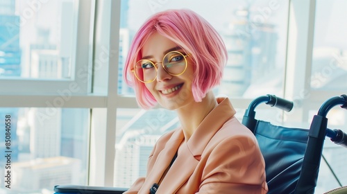 Chic woman with pink hair in wheelchair, office window showcasing city, radiates positivity with her smile. Free Download Chic woman with pink hair in wheelchair, office window showcasing city, radiates positivity with her smile. - GFXLoad