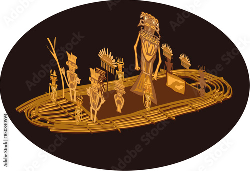 Illustration vector isolated of Balsa Muisca, indigenous gold sculpture, Colombia.