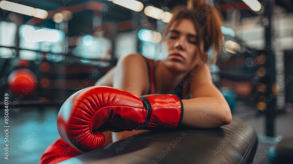 Young female boxer resting in gym with red boxing gloves. She looks exhausted after an intense training session. Focus on her gloves. Young female boxer resting in gym with red boxing gloves. She looks exhausted after an intense training session. Focus on her gloves.