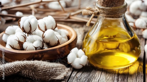 Natural Cotton and Cottonseed Oil on Wooden Table photo