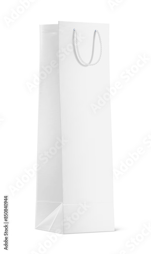 Shopping Bag Mockup. White paper packet bag with rope handles for wine bottle packaging. Pack supermarket or grocery store. Isolated on. PNG Illustration.