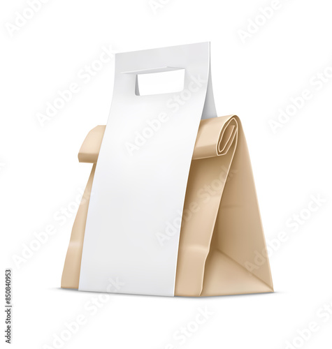 Kraft paper bag with handle for fast food delivery. Takeaway packaging to go. Isolated. Realistic object. PNG Illustration.