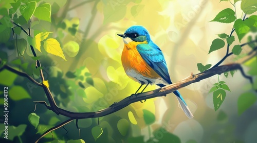 colorful bird perched on branch in forest ai generated nature illustration digital art