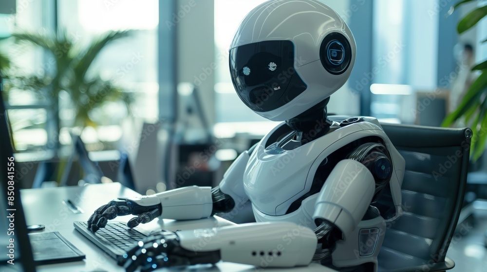 An office robot interacts with a computer, showcasing the seamless integration of AI in everyday business operations An office robot interacts with a computer, showcasing the seamless integration of AI in everyday business operations