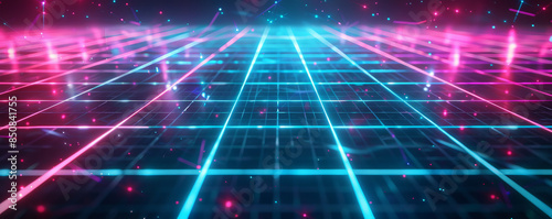 A 1980s neon grid background with vibrant, glowing colors.