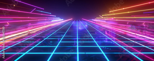 A 1980s neon grid background with vibrant, glowing colors.