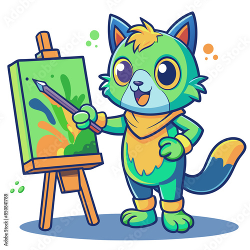 vector graphic of an anime cat artist, painting a colorful masterpiece on a canvas, with paint splatters on its fur and a joyful, concentrated expression