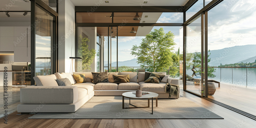Fototapeta premium Design a Nordic waterfront villa utilizing large glass panels to connect the interior with scenic 