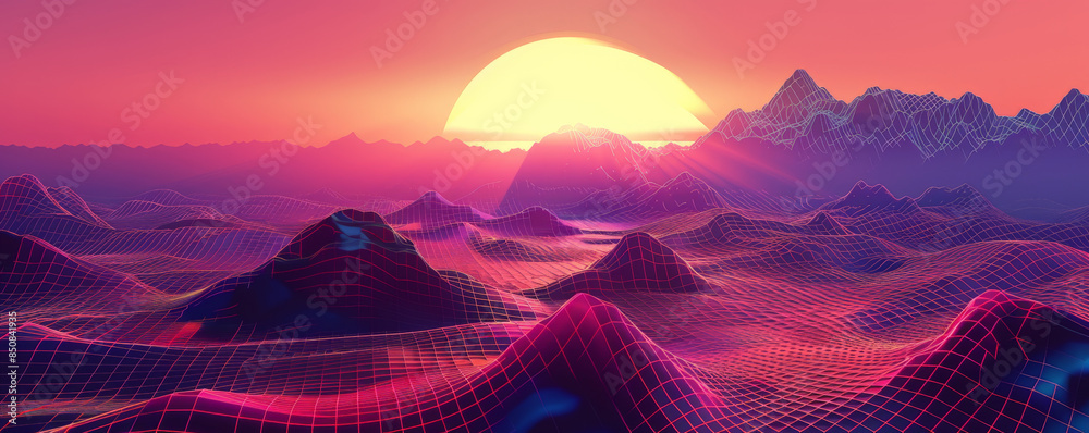 A 1980s synthwave landscape with neon grids and sunset colors. Stock ...