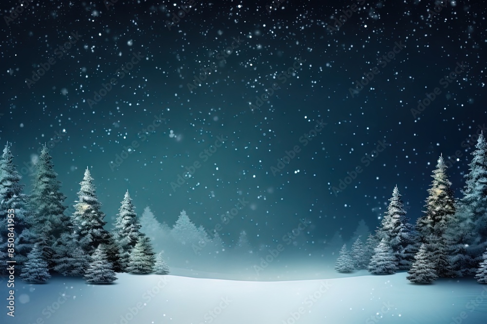 Snowy Night with Pine Trees - Winter Landscape - Space for Text Snowy Night with Pine Trees - Winter Landscape - Space for Text