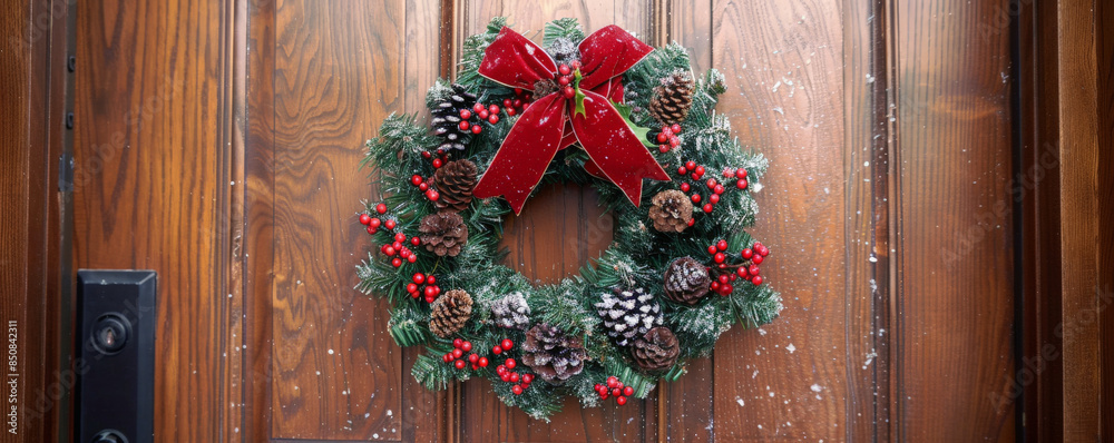 A Christmas wreath with pine cones, red berries, and a festive bow on a wooden door. A Christmas wreath with pine cones, red berries, and a festive bow on a wooden door.