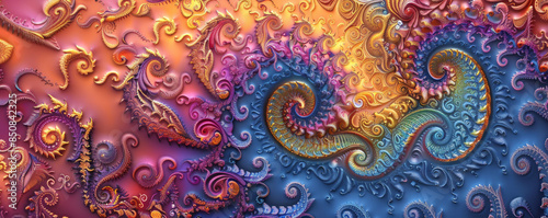 A colorful Mandelbrot fractal pattern with intricate spirals and swirls.