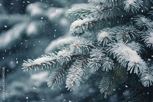 Snow-Covered Pine Tree: Fine Art, Cold Christmas Atmosphere, Falling Snow, Winter - Close-Up