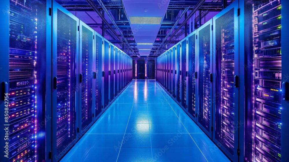 Vibrant blue lights illuminate the sleek data center lined with high-tech servers Vibrant blue lights illuminate the sleek data center lined with high-tech servers