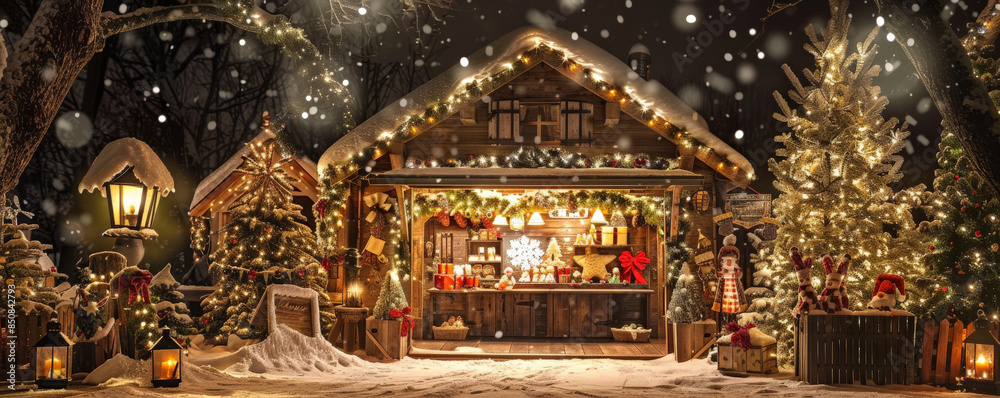 A festive holiday workshop with twinkling lights, holiday decorations, and a snowy backdrop. A festive holiday workshop with twinkling lights, holiday decorations, and a snowy backdrop.