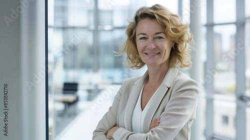 confident businesswoman smiling in modern office space portrait photograph Free Download confident businesswoman smiling in modern office space portrait photograph - GFXLoad