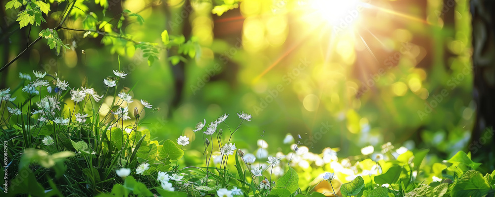 Obraz premium A forest in spring with fresh green leaves, blooming flowers, and dappled sunlight.