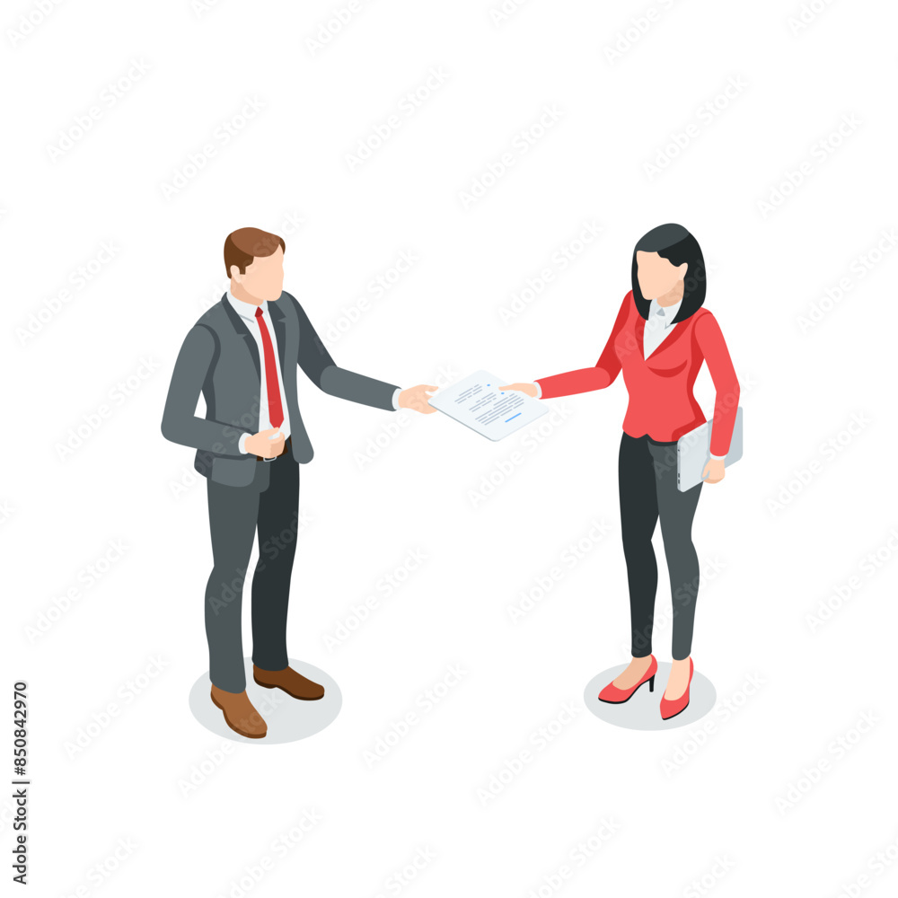 isometric vector business man and woman hand over a document for signature, in color on a white background, secretary and paperwork isometric vector business man and woman hand over a document for signature, in color on a white background, secretary and paperwork
