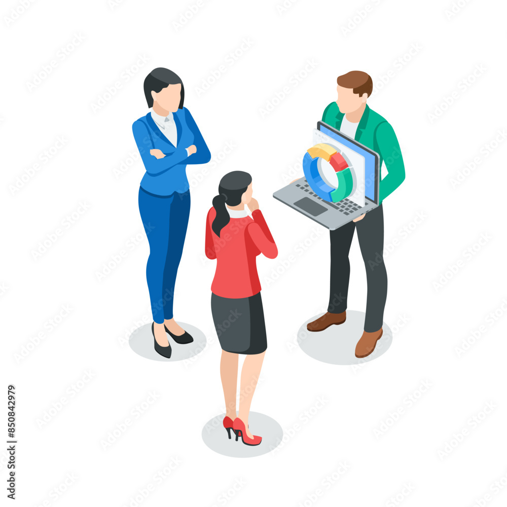Obraz premium isometric vector business man showing diagrams on laptop screen to womans, in color on a white background, business communication or team working with statistical data