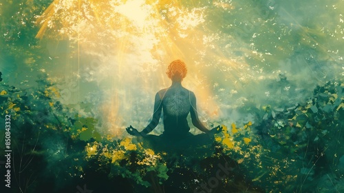 A serene figure meditates in a lush forest, with mystical energy spirals flowing around.